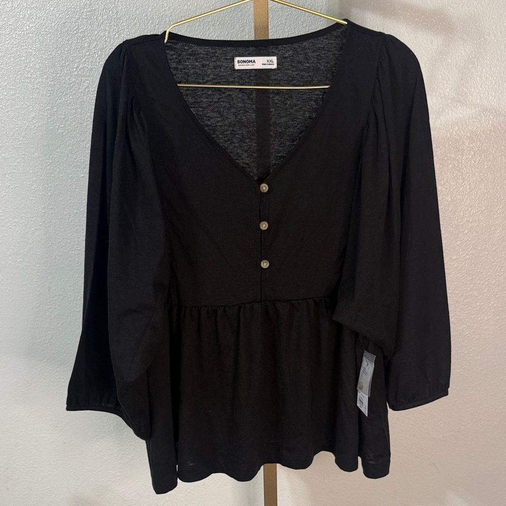 Sonoma Black V-Neck Blouse with Button Accents